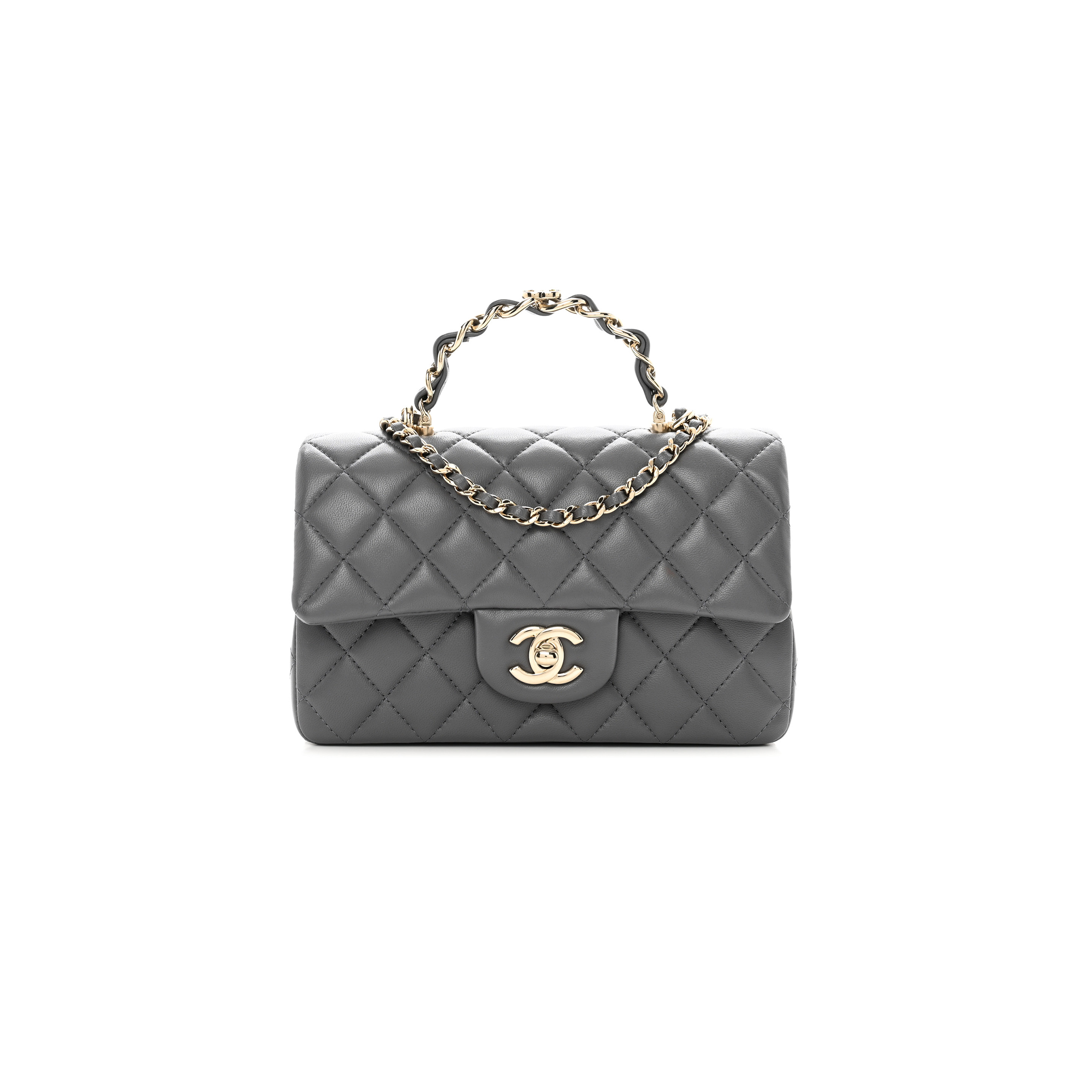 Ch*el lambskin quilted mini chain top handle rectangular flap grey as2431 (20*12*6cm)